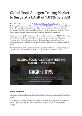 Global Food Allergen Testing Market to Surge at a CAGR of 7.01% by 2028