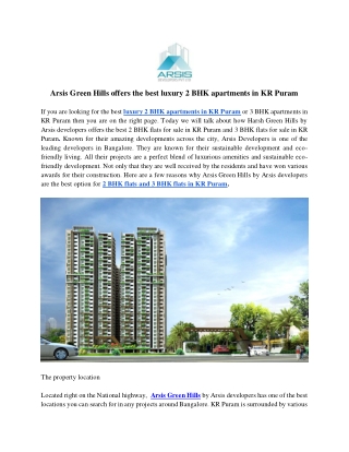 Arsis Green Hills offers the best luxury 2 BHK apartments in KR Puram