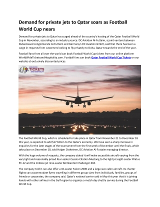Demand for private jets to Qatar soars as Football World Cup nears
