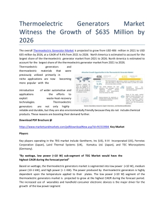 Thermoelectric Generators Market Witness the Growth of $635 Million by 2026