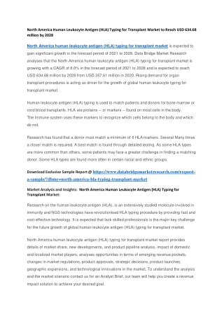 North America Human Leukocyte Antigen (HLA) Typing for Transplant Market to Reach USD 634.68 million by 2028