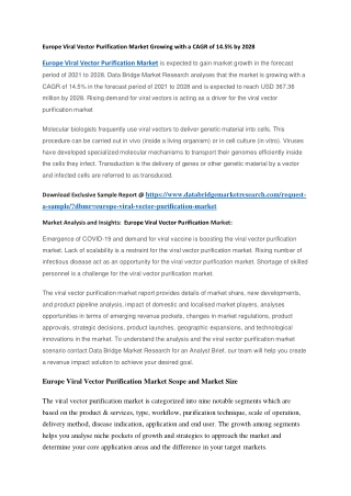 Europe Viral Vector Purification Market Growing with a CAGR of 14.5 by 2028