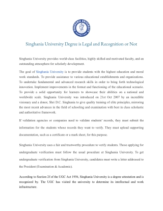 Singhania University Degree is Legal and Recognition or Not