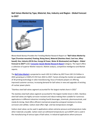Global Ball Valves Market Research Report 2022-2027