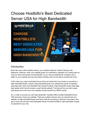 Choose Hostbillo's Best Dedicated Server USA for High Bandwidth