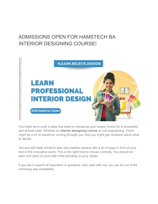 ADMISSIONS OPEN FOR HAMSTECH BA INTERIOR DESIGNING COURSE