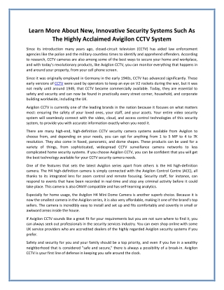Learn More About New, Innovative Security Systems Such As The Highly Acclaimed Avigilon CCTV System