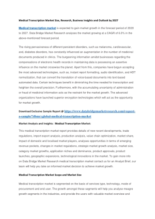 Medical Transcription Market Size, Research, Business Insights and Outlook by 2027