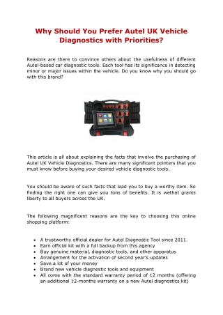 Why Should You Prefer Autel UK Vehicle Diagnostics with Priorities?