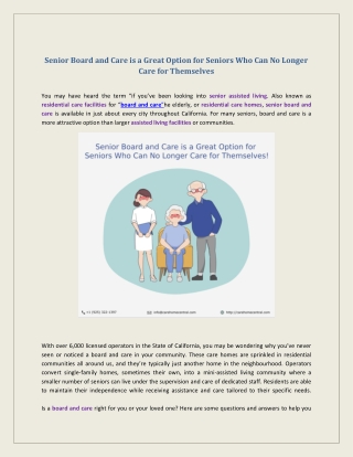 Senior Board and Care is a Great Option for Seniors Who Can No Longer Care for Themselves