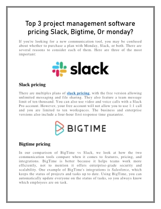 Top 3 project management software pricing Slack, Bigtime, Or monday