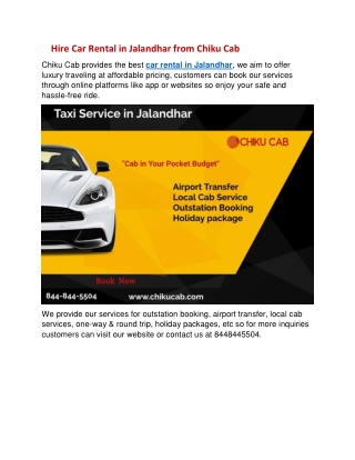 Hire Car Rental in Jalandhar from Chiku Cab