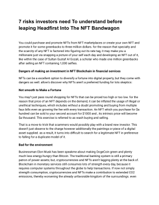 7 risks investors need To understand before leaping Headfirst Into The NFT Bandwagon