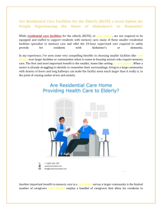 Are Residential Care Facilities for the Elderly (RCFE) a Good Option for People Experiencing the Onset of Alzheimer’s or