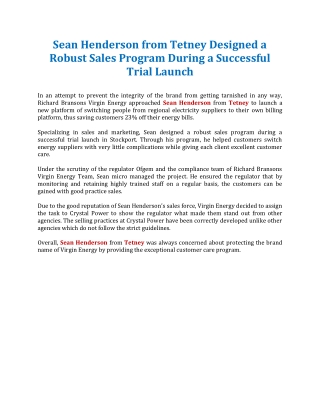 Sean Henderson from Tetney Designed a Robust Sales Program During a Successful Trial Launch