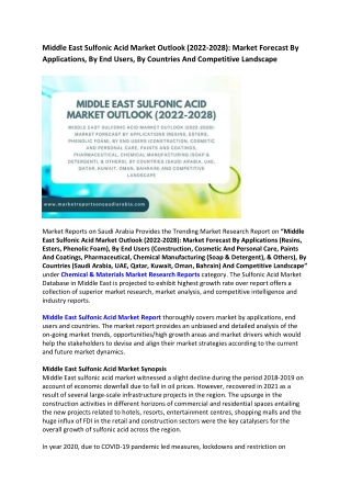 Middle East Sulfonic Acid Market Outlook 2022-2028
