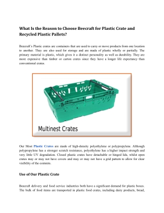 What Is the Reason to Choose Beecraft for Plastic Crate and Recycled Plastic Pallets