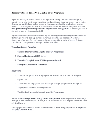 Reasons To Choose TimesPro’s Logistics & SCM Programme