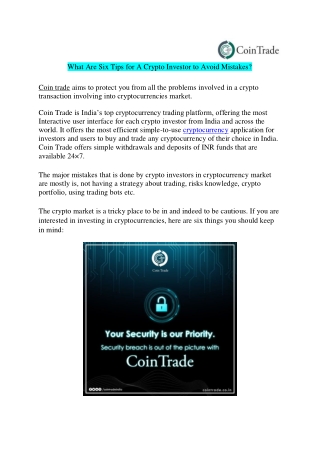 Can you list Six Tips for a Crypto Investor to Avoid Mistakes?