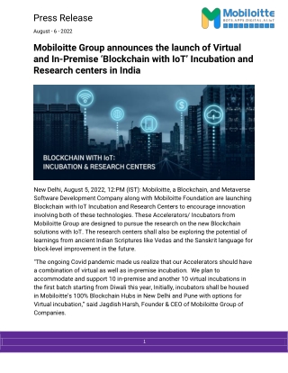 Mobiloitte Group announces the launch of Blockchain with IoT’ Incubation