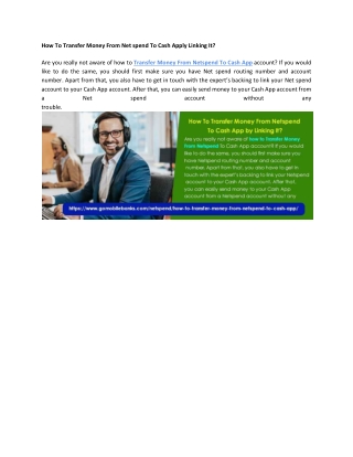 How To Transfer Money From Net spend To Cash Apply Linking It?