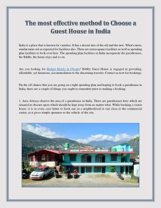 The most effective method to Choose a Guest House in India