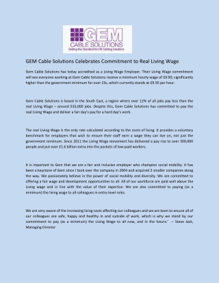 GEM Cable Solutions Celebrates Commitment to Real Living Wage