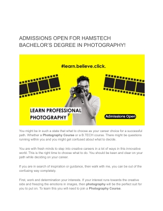 ADMISSIONS OPEN FOR HAMSTECH BACHELOR’S DEGREE IN PHOTOGRAPHY
