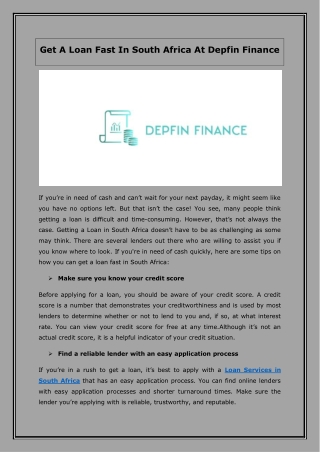 Get A Loan Fast In South Africa At Depfin Finance