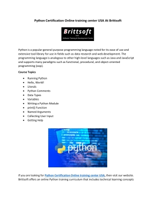 Python Certification Online training center USA At Brittsoft
