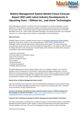 Battery Management System Market Future Forecast Report 2021 with Latest Industry Developments in Upcoming Years – Elith