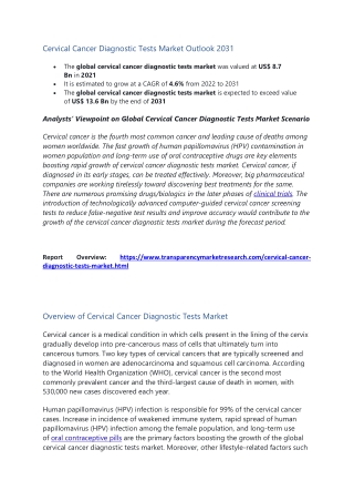 Cervical Cancer Diagnostic Tests Market Outlook 2031