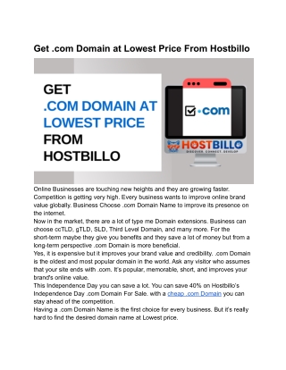 Get .com Domain at Lowest Price From Hostbillo