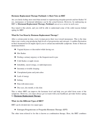 Hormone Replacement Therapy Parkland: A Short Note on HRT