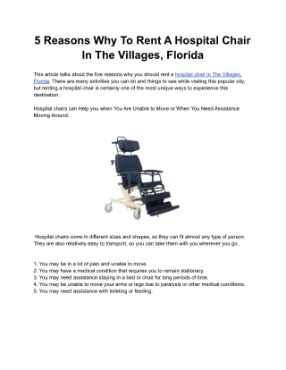 5 Reasons Why To Rent A Hospital Chair In The Villages, Florida