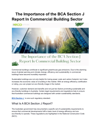 Why do you need a BCA Section J report in Commercial Building Sector?