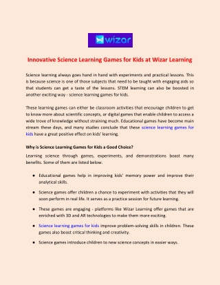 Innovative Science Learning Games for Kids at Wizar Learning