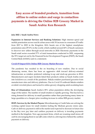 Saudi Arabia Online B2B Grocery Market Size and Research 2022, CAGR Status