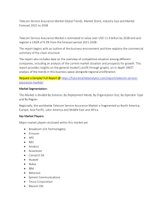 Telecom Service Assurance Market Trends, Market Share, Industry Size, Growth, and Market Forecast 2021 to 2028