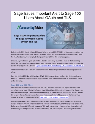 Fixed : Sage Issues Important  Alerts to Sage 100 Users about OAuth and TLS
