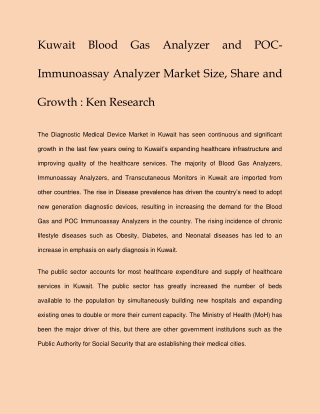 Kuwait Blood Gas Analyzer and POC-Immunoassay Analyzer Market : Ken Research