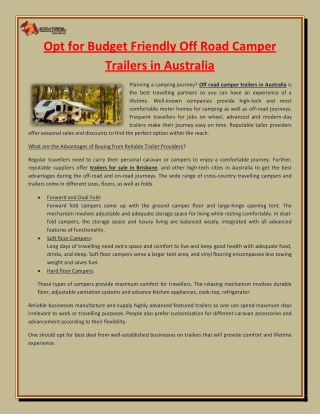 Opt for Budget Friendly Off Road Camper Trailers in Australia