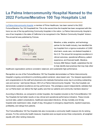 La Palma Intercommunity Hospital Named to the 2022 Fortune_Merative 100 Top Hospitals List