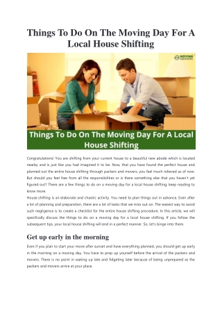 Things To Do On The Moving Day For A Local House Shifting