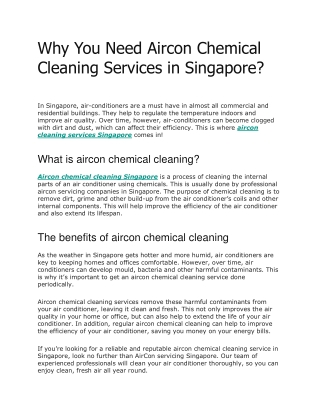 Why You Need Aircon Chemical Cleaning Services in Singapore