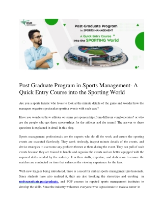 Post Graduate Program in Sports Management- A Quick Entry Course into the Sporting World