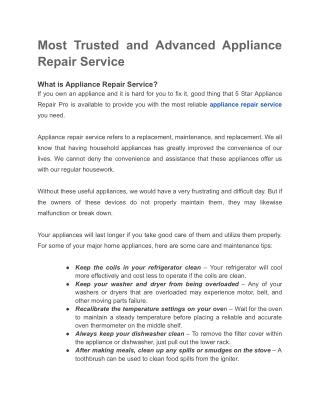 Most Trusted and Advanced Appliance Repair Service