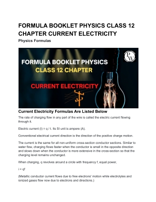 FORMULA BOOKLET PHYSICS CLASS 12 CHAPTER CURRENT ELECTRICITY