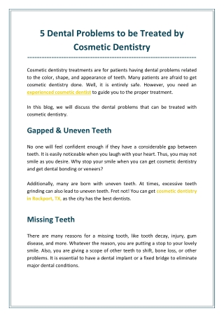 5 Dental Problems to be Treated by Cosmetic Dentistry