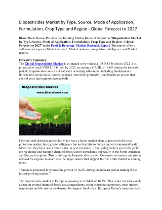 Biopesticides Market by Type, Source, Mode of Application, Formulation, Crop Type and Region - Global Forecast to 2027